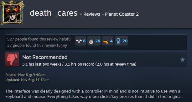 Screenshot showing Steam user reviews of Planet Coaster 2.